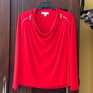 MICHAEL Michael Kors Red-Orange Cowl Neck Long Sleeve Top with Zipper Details